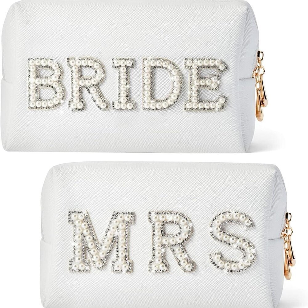 2 Pack Letter Makeup Bag Bride to be Patch Bling Pearl Rhinestone Patch Cosmetic